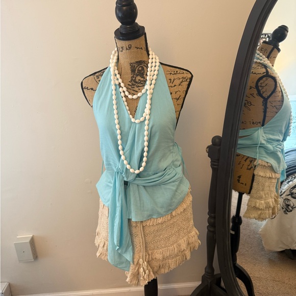 NWT Zara Linen Blend Wrap Halter Top - Turquoise Blue - Picture 3 of 5